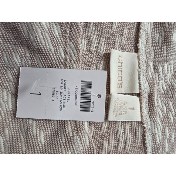 Chicos Womens 3/4 Sleeve Laurel Lace Inset Top Size 1 Beige M - Picture 5 of 7